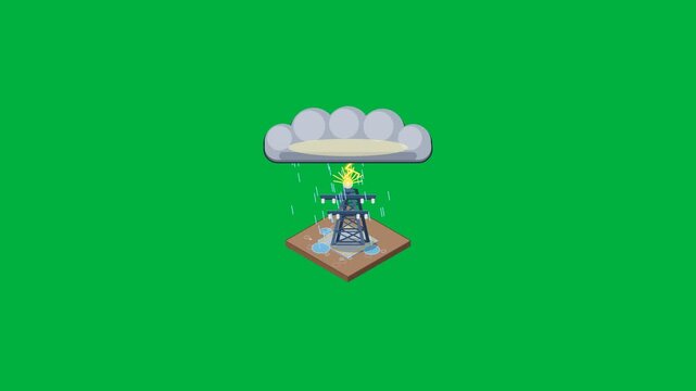 A whimsical isometric illustration of a water tower under a cloudy sky with rain, set against a vibrant green background