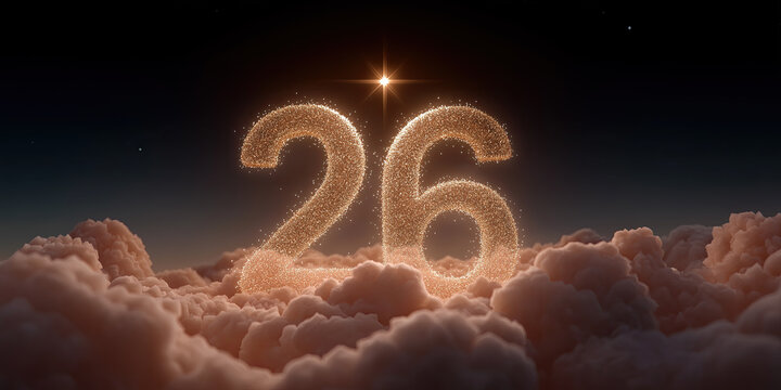 Golden glitter number 26 floating above pink fluffy clouds under bright star in dark night sky