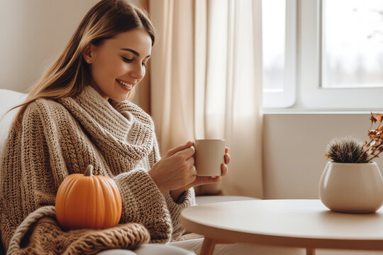 Cozy Autumn Living Room with Warm Textures and Natural Light . A comfortable living space with a knitted blanket, ceramic mug, and warm seasonal tones. woman in cosy clothes 