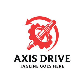 mechanical gear wheel with rotating drive shaft for industrial engineering machinery technology manufacturing logo design