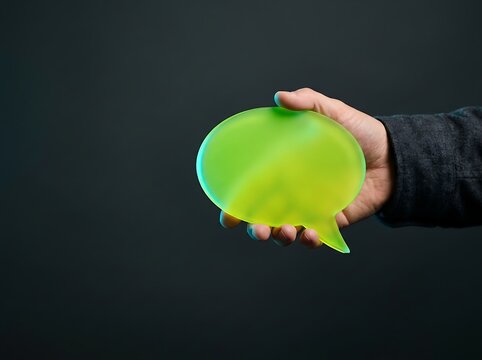Hand holding a bright green translucent speech bubble cutout against a dark grey minimalist studio background