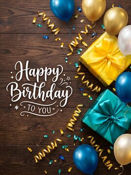 Happy birthday greeting card with gift boxes, balloons and golden ribbons on a dark wooden background