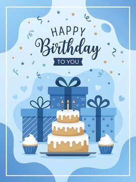 Happy birthday greeting card with a threetier cake, gift boxes, and cupcakes on a festive blue background with confetti and stars