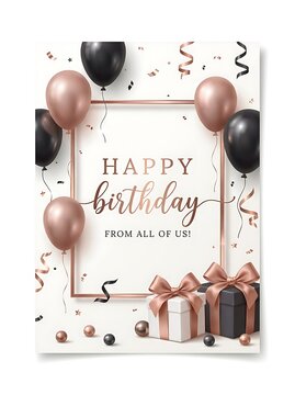 Happy birthday greeting card design with rose gold and black balloons, gift boxes, and confetti isolated on white background