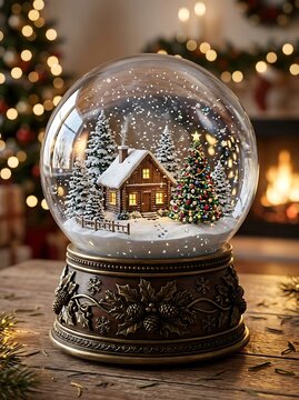 A beautiful christmas snow globe featuring a cozy log cabin, decorated pine tree, and falling snow on a rustic wooden table with bokeh lights