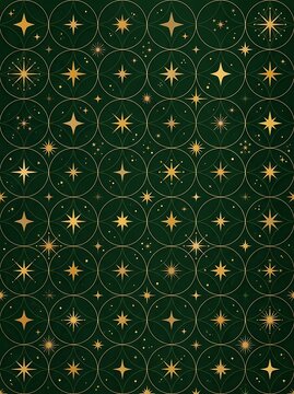 Seamless pattern with golden stars and geometric circles on a dark green background, luxury celestial wallpaper design for festive holiday decor