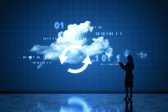 Digital cloud data synchronization concept with binary code, cir
