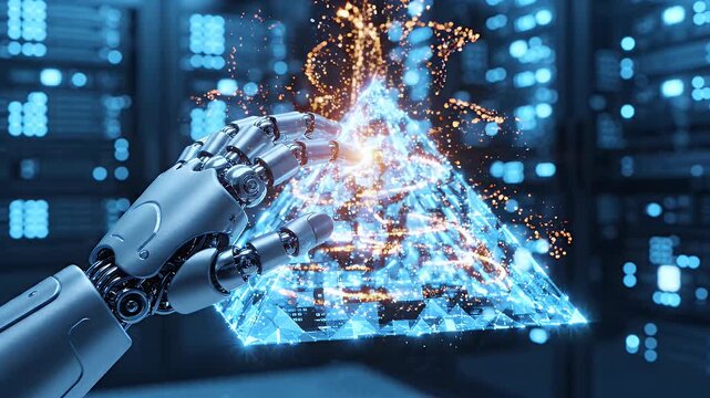 Robotic arm touching glowing blue digital pyramid in server room