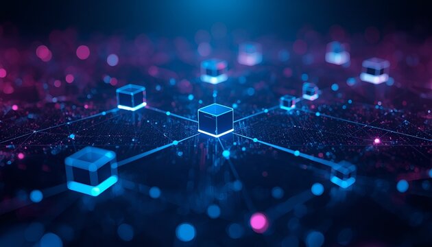 Futuristic Blockchain Technology Visualization with Glowing Digital Blocks, Connected Nodes, Luminous Data Pathways and Abstract Cyber Network in Blue and Violet Tones