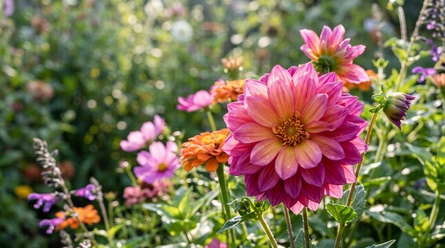 colorful flowers in the forest with beautiful morning dew