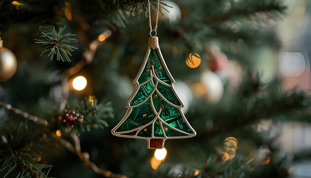 Stained Glass Christmas Tree Ornament Hanging on Evergreen Branches, Colorful Holiday Decoration with Intricate Glass Details, Festive Seasonal Photography and Christmas Atmosphere
