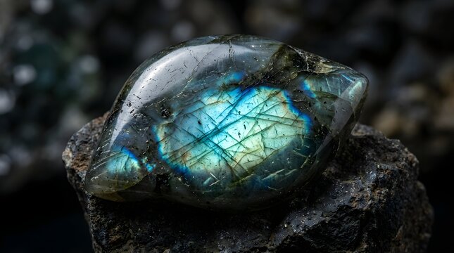 A beautiful polished labradorite gemstone showing iridescent blue and green flashes of light.