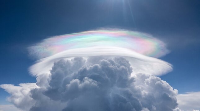 Iridescent pileus cap cloud with rainbow colors forming above a towering cumulus cloud under bright sun rays