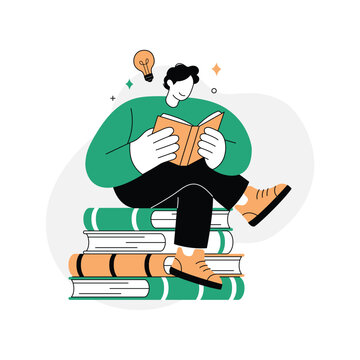 Student reading book sitting on stack of books, learning and knowledge vector illustration
