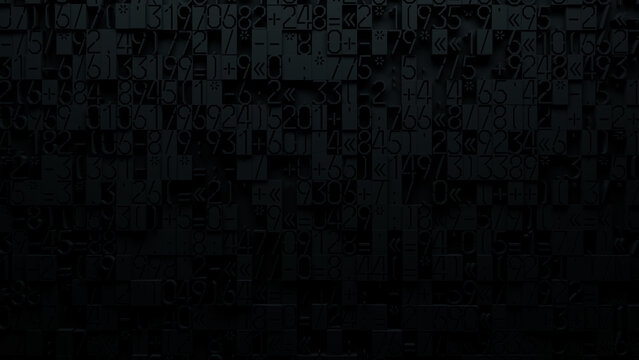 Close-Up of Dark Textured Surface Featuring Chaotic Mosaic of Numbers and Symbols for Digital Design, Technology, and Graphic Art Applications