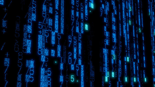 Futuristic Digital Matrix of Dense Blue and Green Binary Code Characters on Black Background with Complex Patterns for Data Visualization and Mobile Application Design