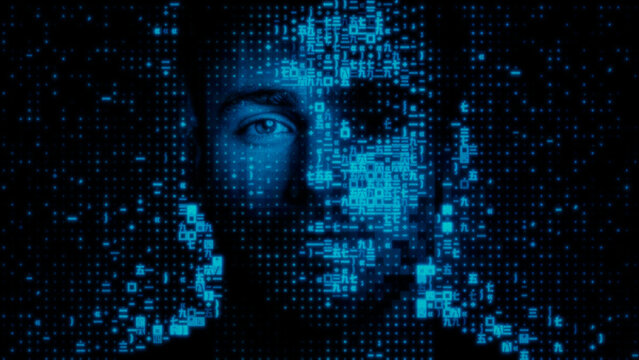 Man's Face dissolving into Machine Data, illustrating Virtual Identity Concept.