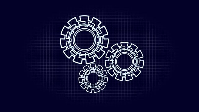 Gears animation displays three interlocking cogs on a grid on dark space. Machinery automation data coordinates guide gears. Consoles operate with gears animation.