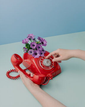 Hand holding red retro phone  with flowers, personal news concept.