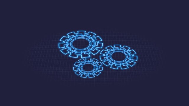 Gears animation displays mechanical cogs rotating over a tech grid. Automation technology data routes through gears. Control consoles operate with gears online.