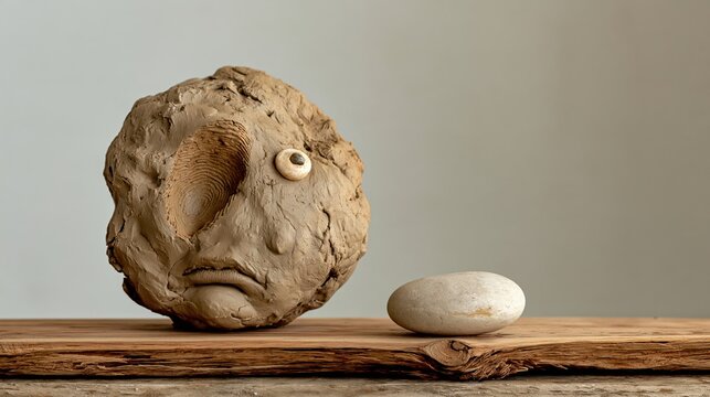 Raw clay lump with a single thumbprint dent smiling with its dent like a dimpled cheek, funny artisan photo on a bright pale warm grey background with copy space on the right