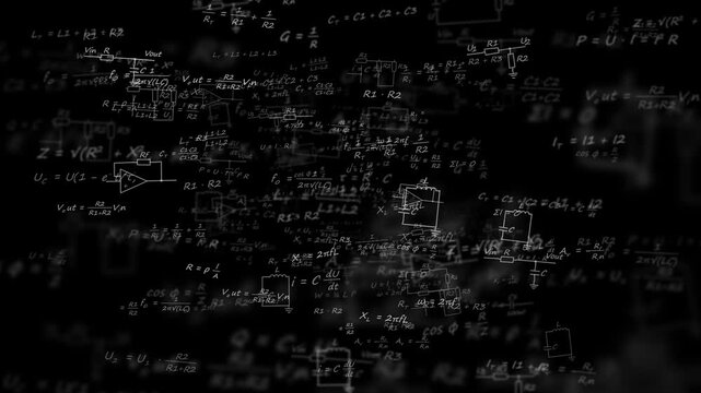 Abstract background with complex electrical circuit diagrams and scientific formulas, symbolizing technology and innovation