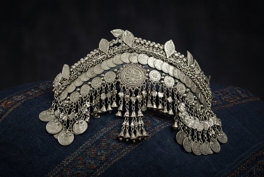Authentic Akha tribal silver coin headdress displayed on handwoven dark indigo textile