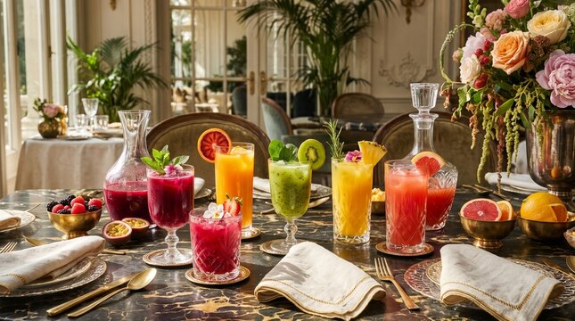 colorful fruit juices on a luxurious table