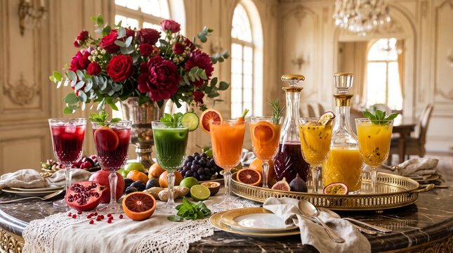 colorful fruit juices on a luxurious table