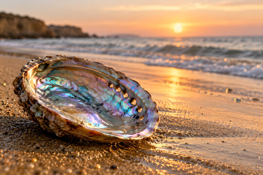 An Iridescent Abalone Shell Rests On A Sandy Beach As Golden Sunlight Reflects Off The Ocean Waves At Sunset, Creating A Peaceful Coastal Scene.