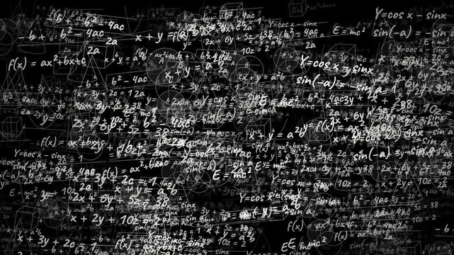 complex mathematical equations and formulas covering a dark background with a glitch effect, abstract science background