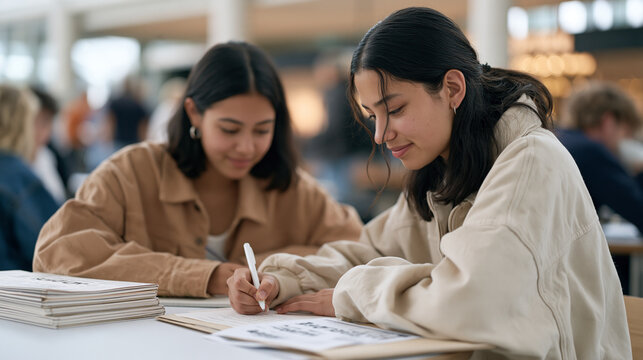 A teenage peer tutor taking handwritten notes while observing a classmate study in a busy urban setting, a neatly folded stack of revision materials beside the desk, an unposed