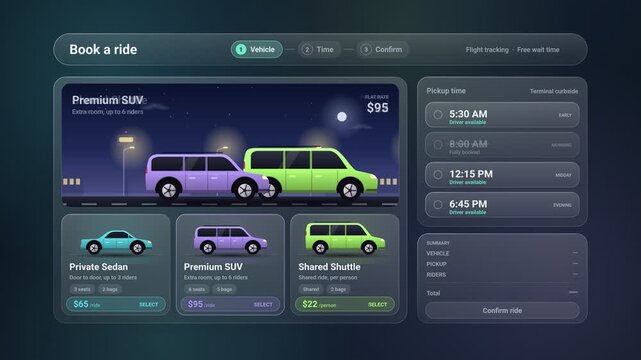 Futuristic Ride Booking App Interface User Experience Animation With Modern Glassmorphism Design For Online Transportation Services And Smart Mobility
