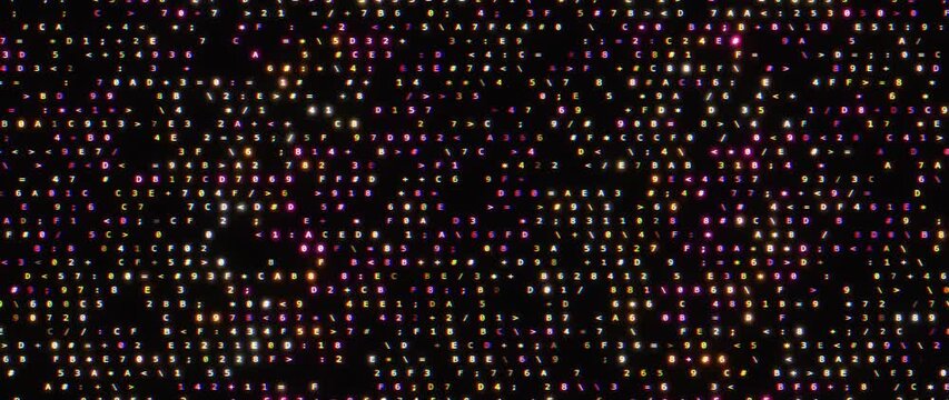 Glowing hexadecimal characters and symbols changing in grid on black digital background
