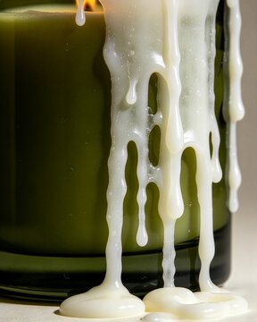 Close-up of White Wax Dripping Down Green Glass Candle Jar