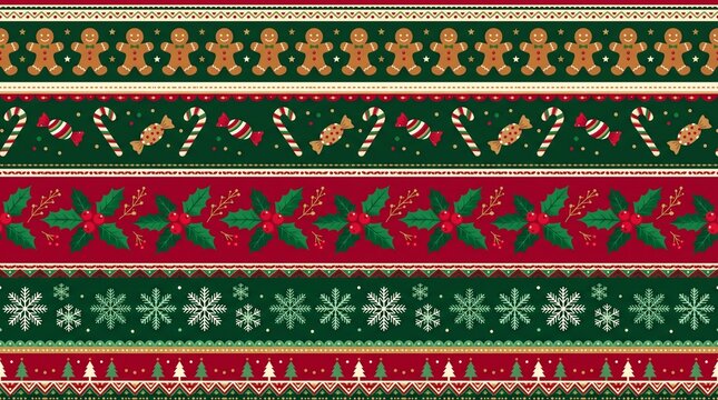 Christmas Seamless Fair Isle Border Pattern with Gingerbread Man, Candy Canes, Holly Berries, and Snowflakes