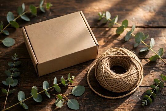 AI-generated photorealistic blank kraft paper box with jute twine coil and eucalyptus branches on dark rustic wood, dramatic sunlight, eco-friendly packaging