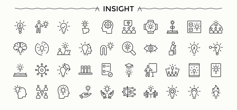 Idea icon set. Contain linear sign plan, thinking, innovation, creativity, invention and more. Innovation icon collection. Minimal icons set. Vector illustration. Pixel perfect.