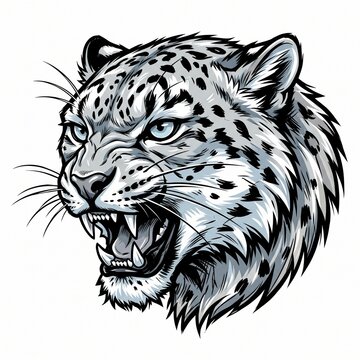 Snarling Snow Leopard Head Mascot Logo with Icy Rosette Fur