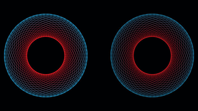 Two abstract geometric torus shapes with red and blue wireframe on black background.