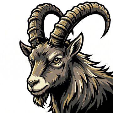Alpine Ibex Head Mascot Logo with Long Ridged Curved Horns