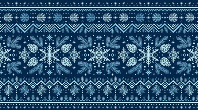 Snowflakes pinecones leaves decorative winter border pattern