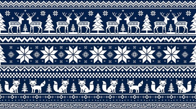 Fair Isle reindeer reindeer foxes snowflakes winter pattern border