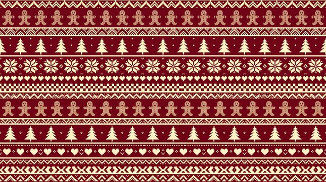 Traditional Christmas Fair Isle embroidery border pattern with trees hearts stars