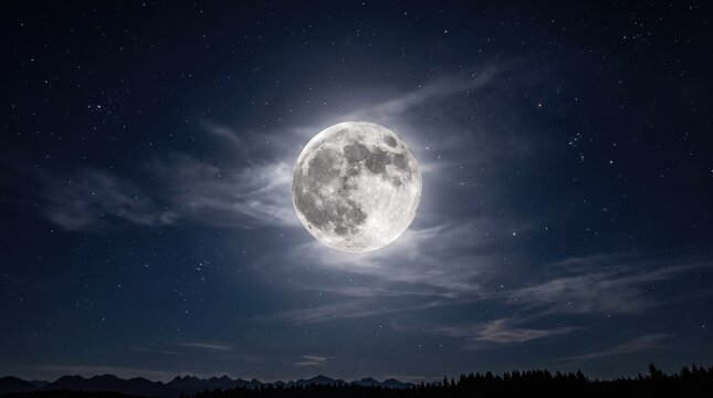 Bright luminous full moon shining through wispy clouds in a dark starry night sky over a mountainous landscape silhouette
