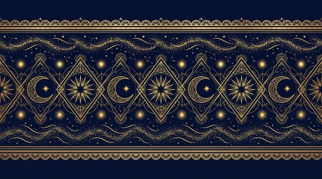 Celestial border with moons stars and sunburst patterns on dark background