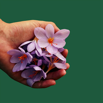 Hand holding fresh purple saffron crocus flowers isolated on a green background