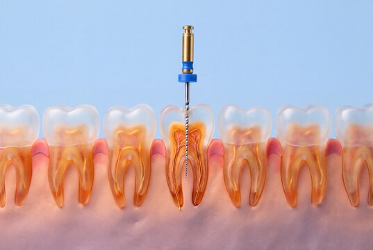 3D medical illustration of root canal treatment with endodontic file inside translucent molar showing pulp and nerves, row of transparent teeth, blue background with copy space for dentistry