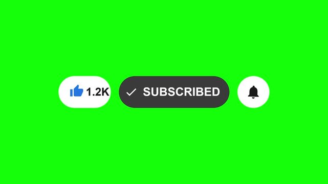 subscribe button animation with like count and notification bell on green screen background, social media engagement elements