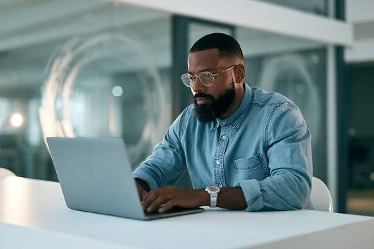 Professional man with beard and glasses working on a laptop in a modern office environment